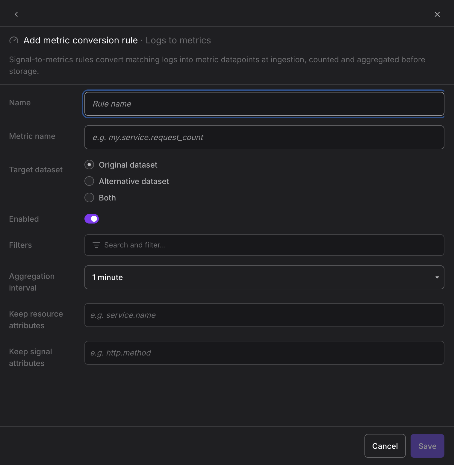Dash0 Add metric conversion rule form for Logs to metrics showing Name, Metric name, Target dataset, Enabled, Filters, Aggregation interval, Keep resource attributes, and Keep signal attributes fields