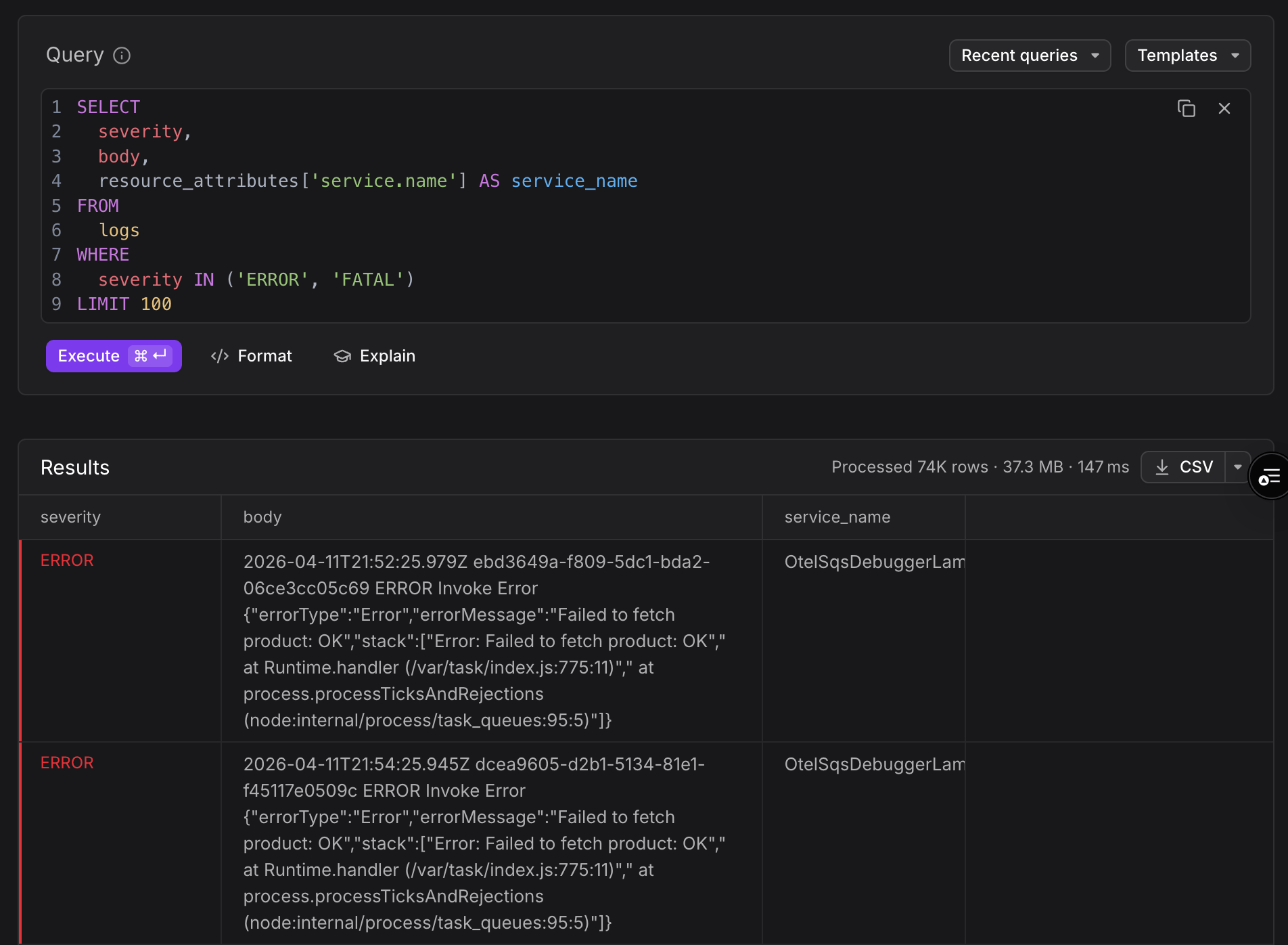 SQL editor interface showing query input area with syntax highlighting and execution controls