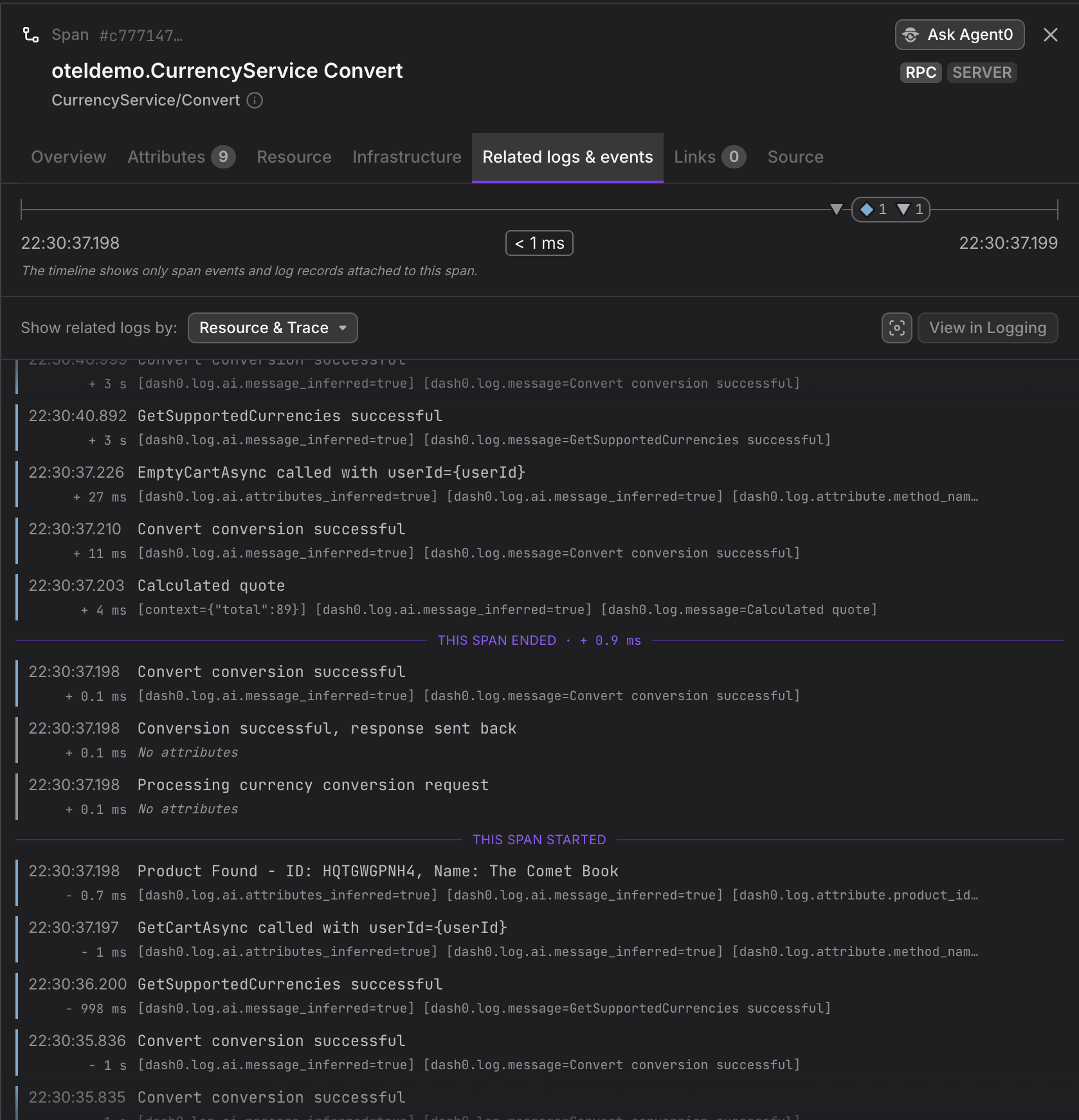 Span Sidebar Related Logs & Events tab showing an interleaved list of log records and span events with the mini-timeline and correlation dropdown at the top