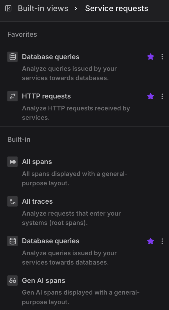 Trace Views Explorer left navigation panel showing Favorites, Built-in, and Custom sections with saved span views