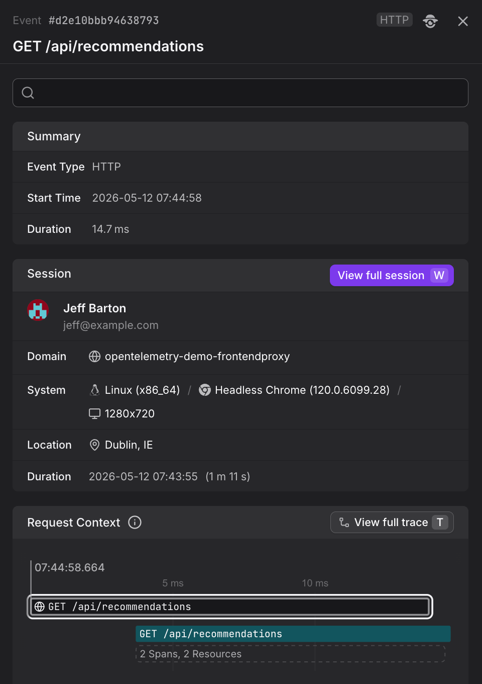 Event Sidebar displaying web vital details with full session context and attribute metadata