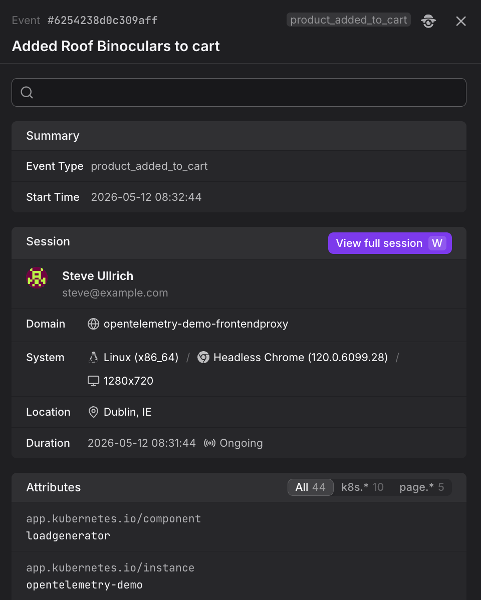 Event Sidebar displaying custom event details with session context and custom attributes