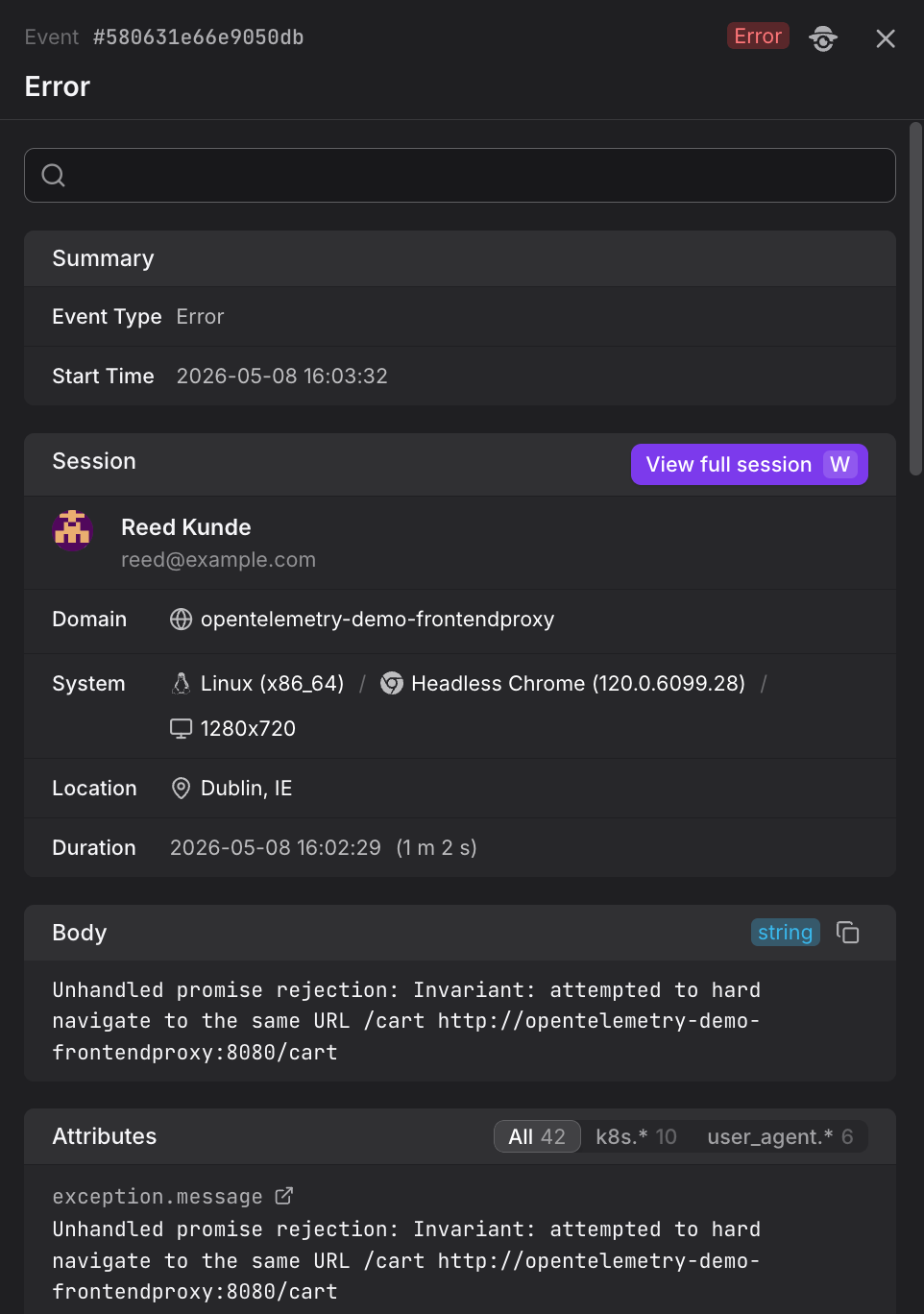 Event Sidebar showing JavaScript error details with stack trace and session context