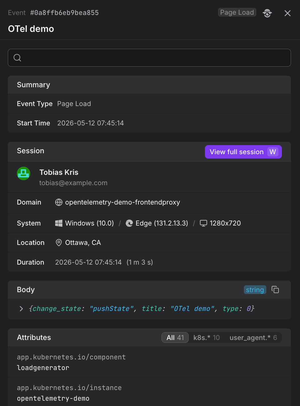 Event Sidebar showing page view details including session information, user context, and event attributes