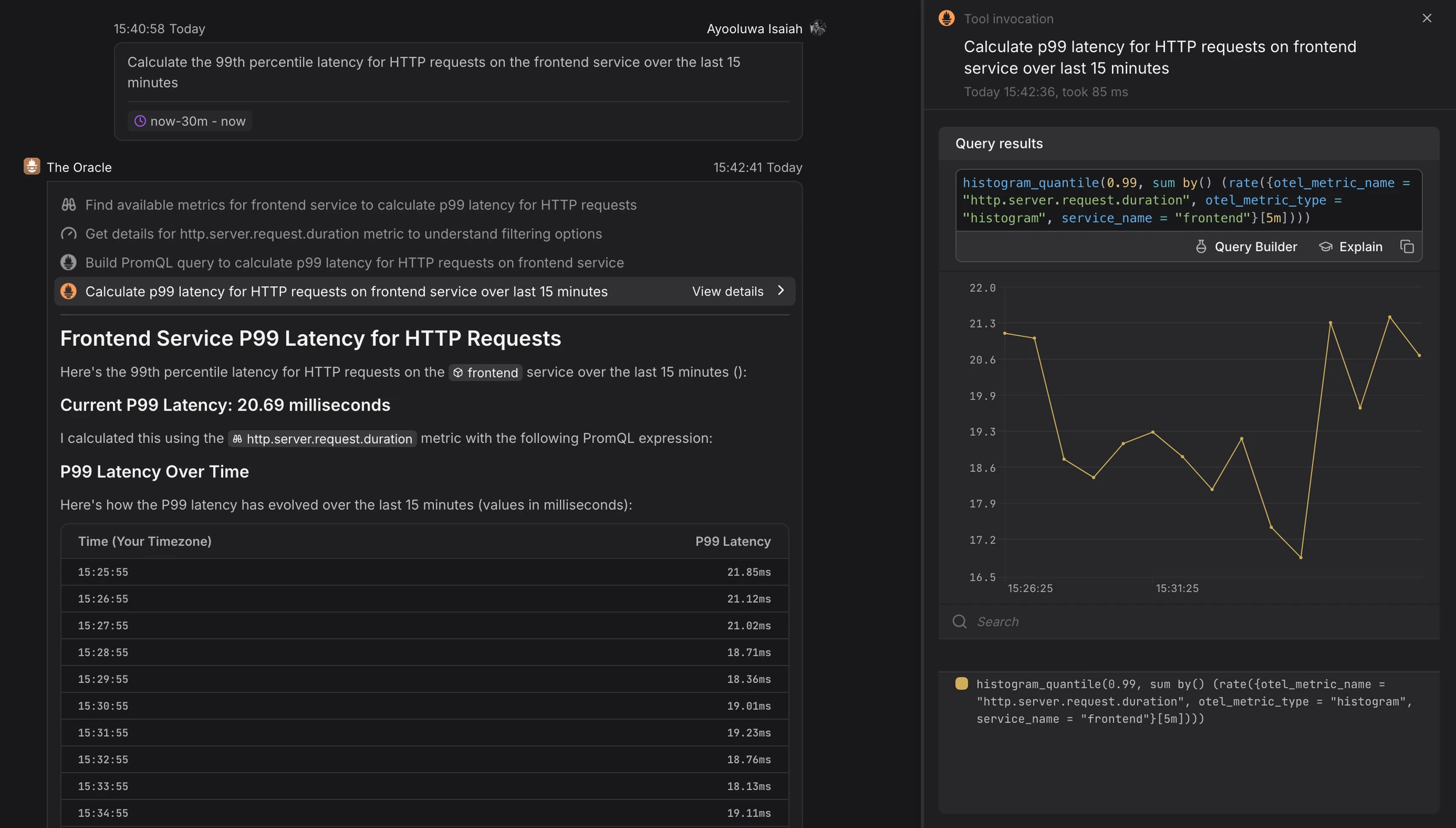 Agent0’s The Oracle can generate and execute PromQL queries for you