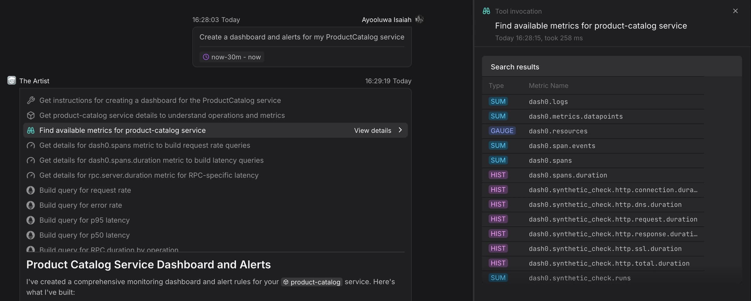 Agent0’s The Artist can create dashboards and alerts for you
