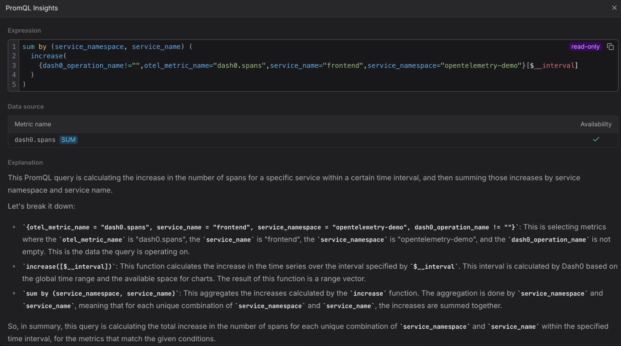 PromQL Insights explaining a PromQL statement to the user.
