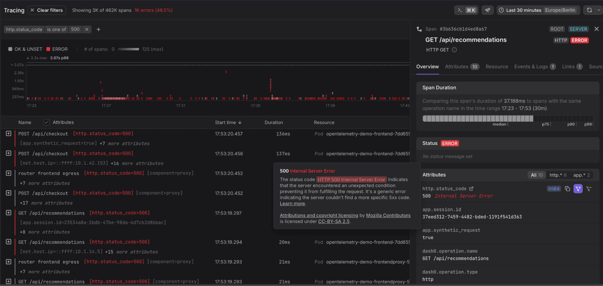 Trace view with highlights for semantic convection attributes and tooltip.