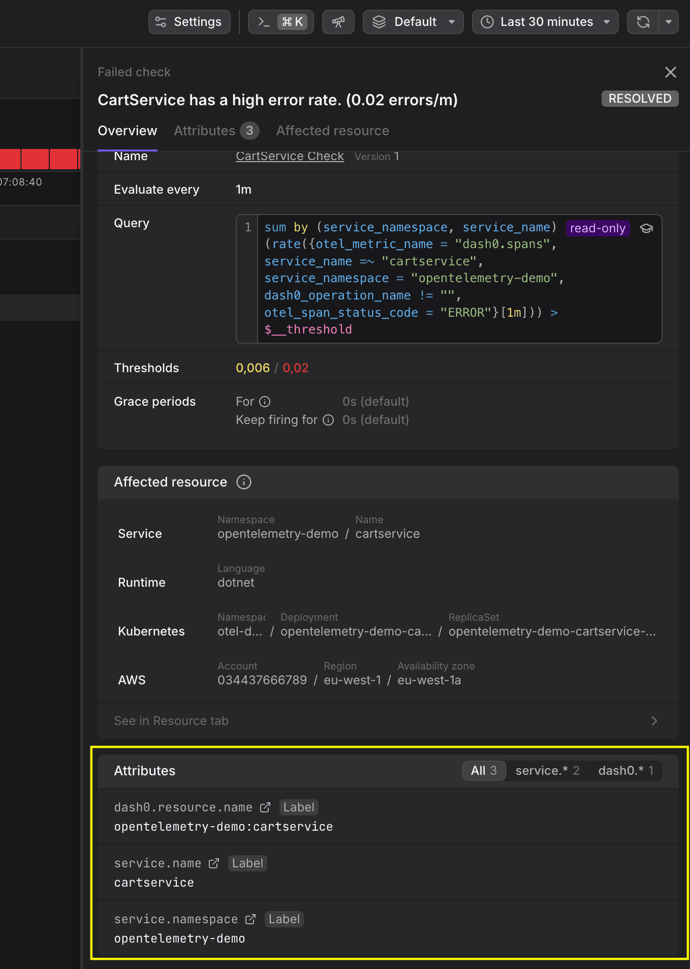 The failed check sidebar in Dash0