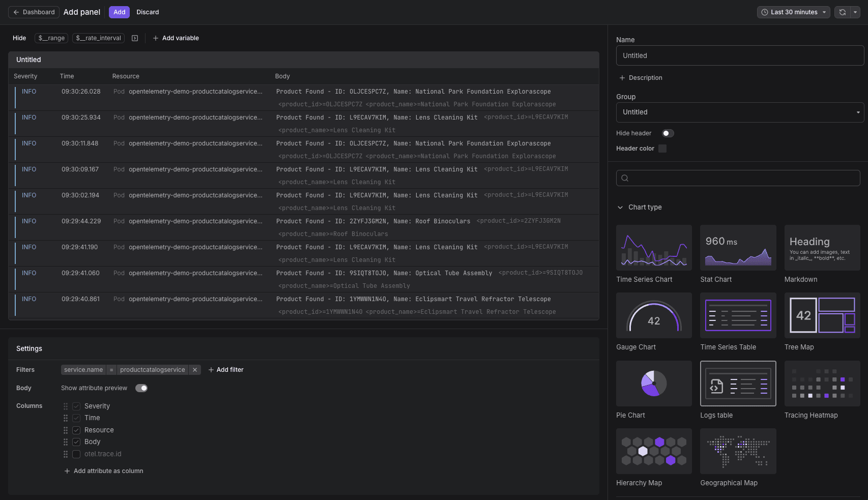 Logs widget display