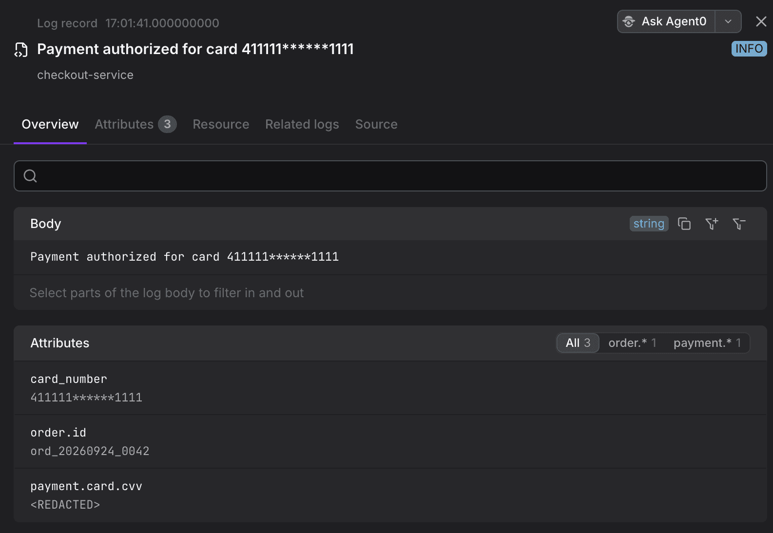 Log record details in Dash0 with the card number masked as 411111******1111 in the body and the card_number attribute, the payment.card.cvv attribute replaced with <REDACTED>, and order.id unchanged