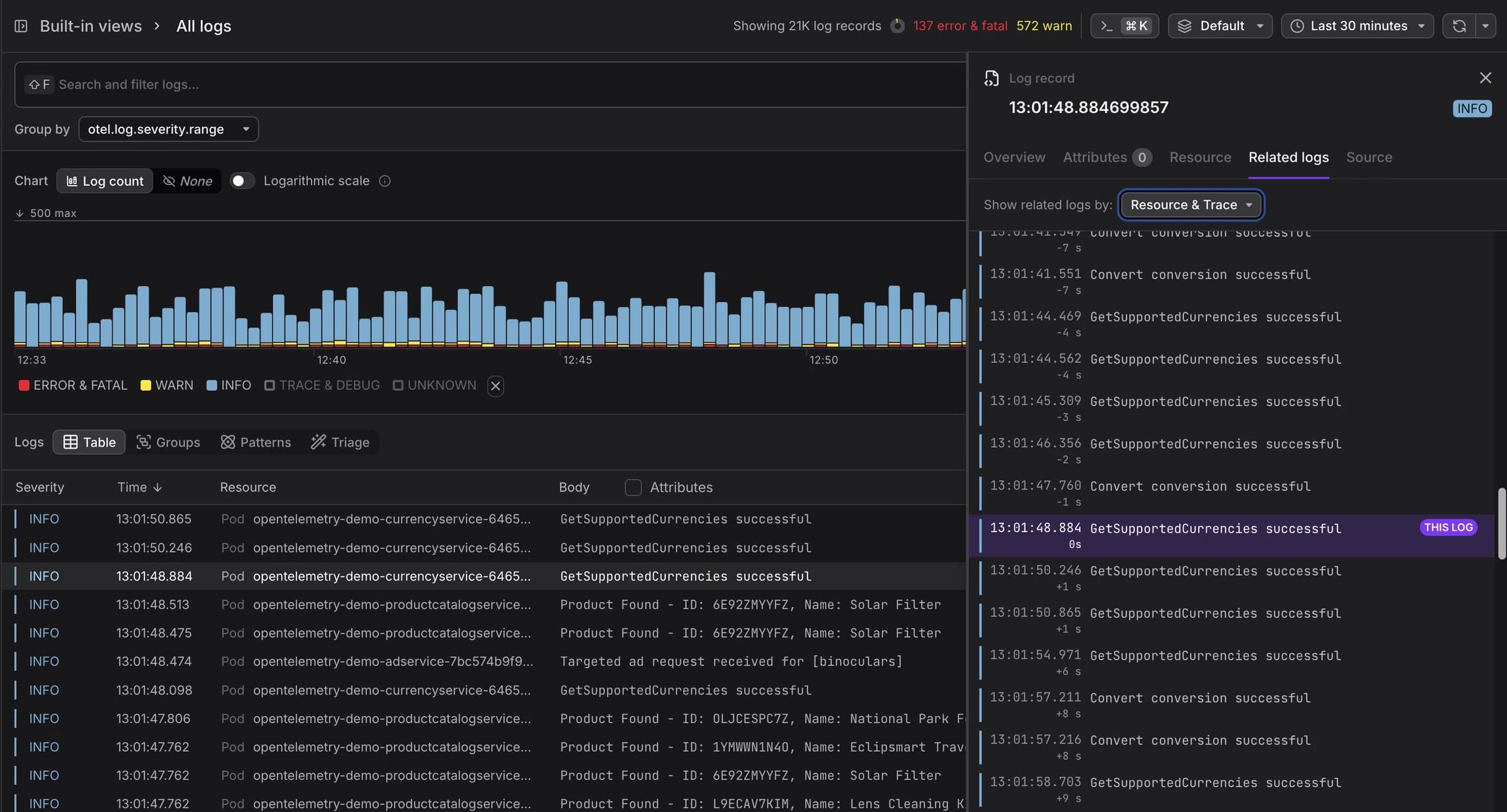 The Related Logs feature in action