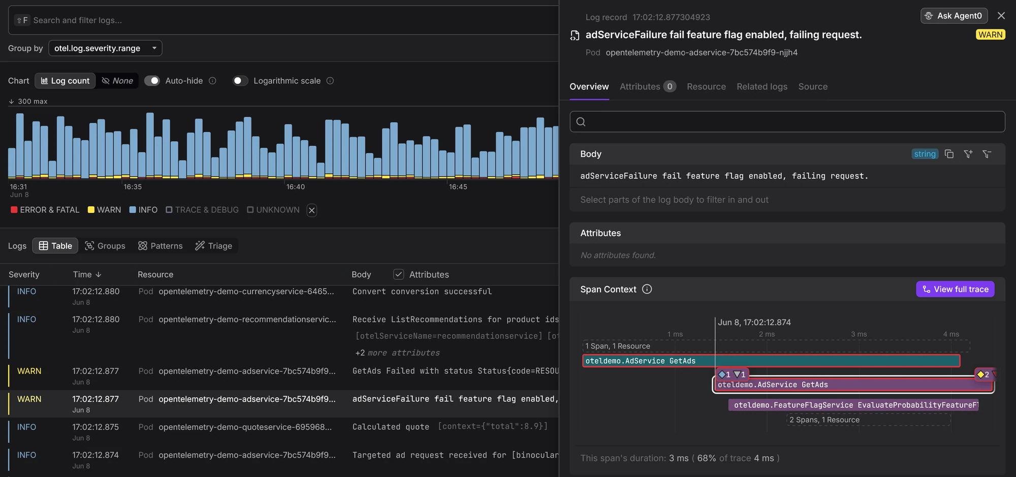 Dash0 interface showing logs