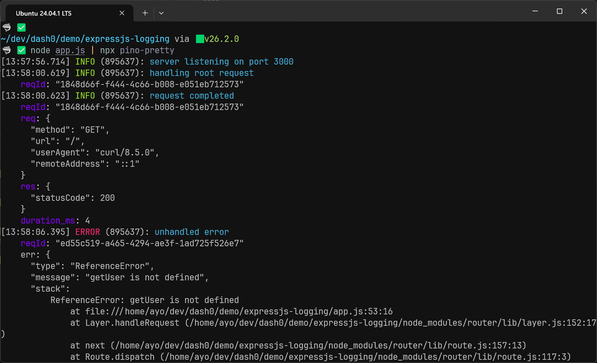 Using Pino pretty for readable logs in development
