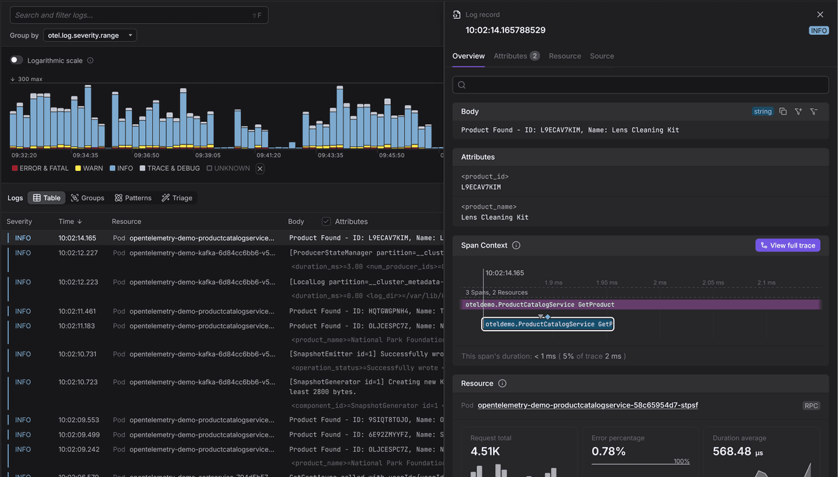 Screenshot of Dash0's logging interface