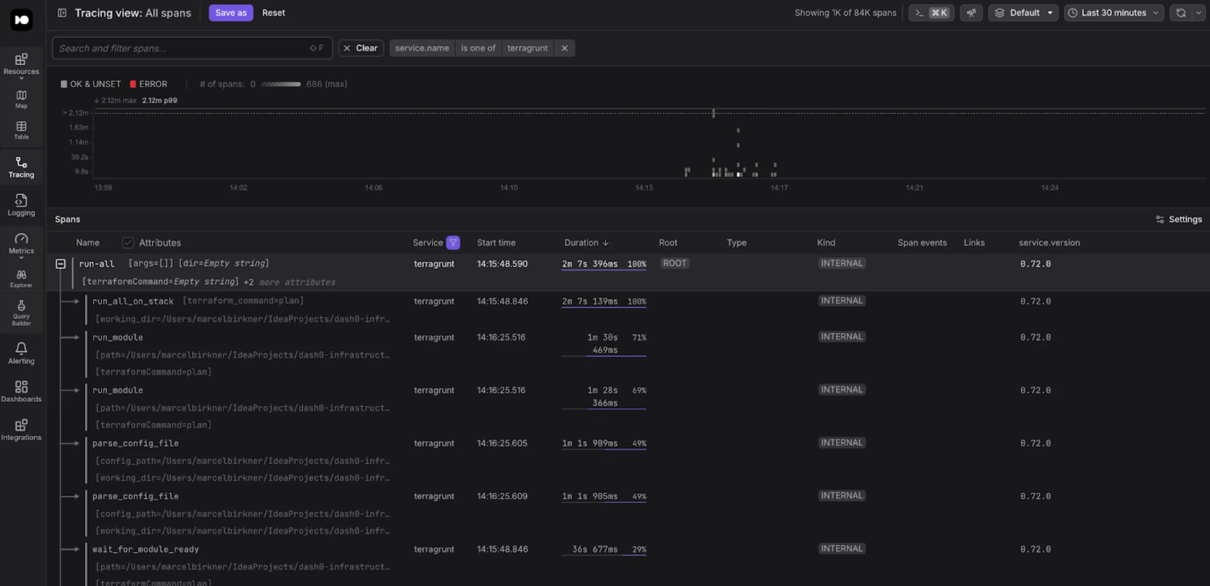 Span overview showing all Terragrunt spans in the current timeframe