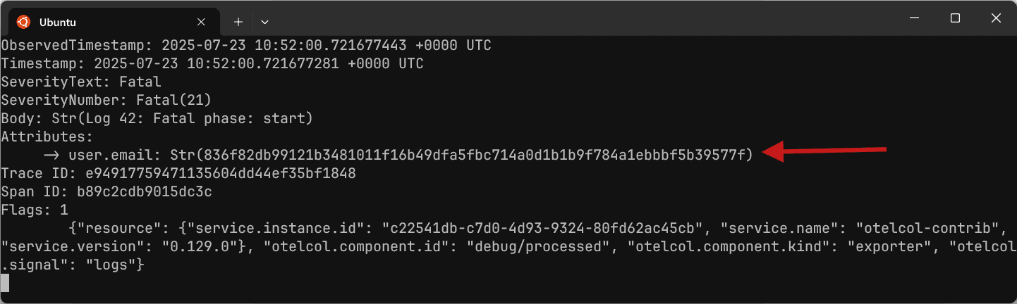 Hashing sensitive data with the attributes processor