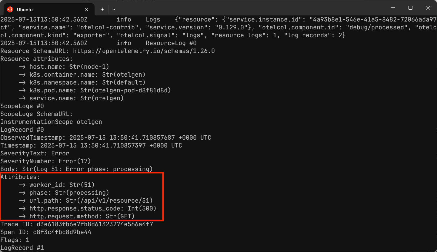 Debug exporter showing OpenTelemetry Signal attributes