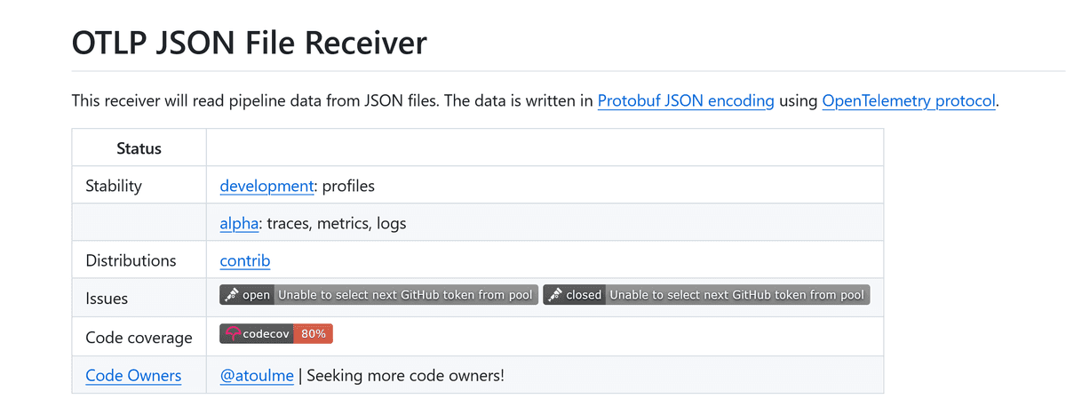 stability status of OTLPJSONReceiver