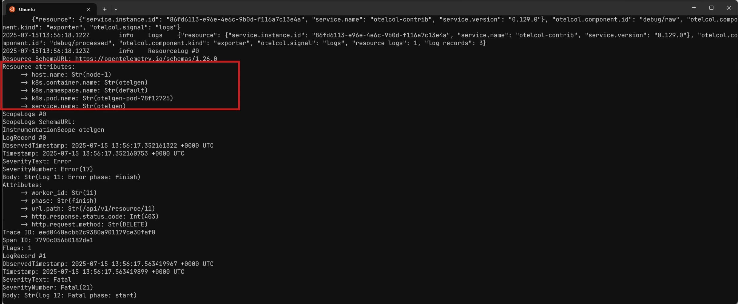 Resource attributes in the debug exporter
