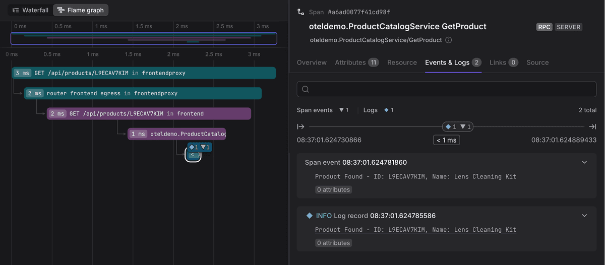 Dash0 trace view showing spans and their correlated log events
