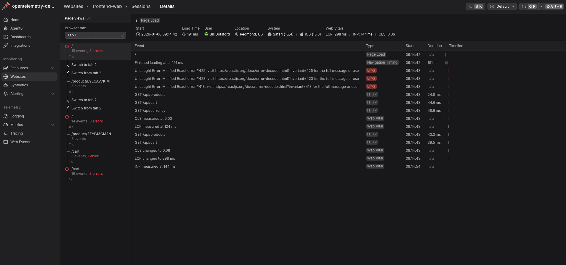 Session details view in Dash0 showing a single user session with page loads, navigation events, API requests, Web Vitals measurements, and multiple JavaScript errors, correlated with device, browser, location, and timing.