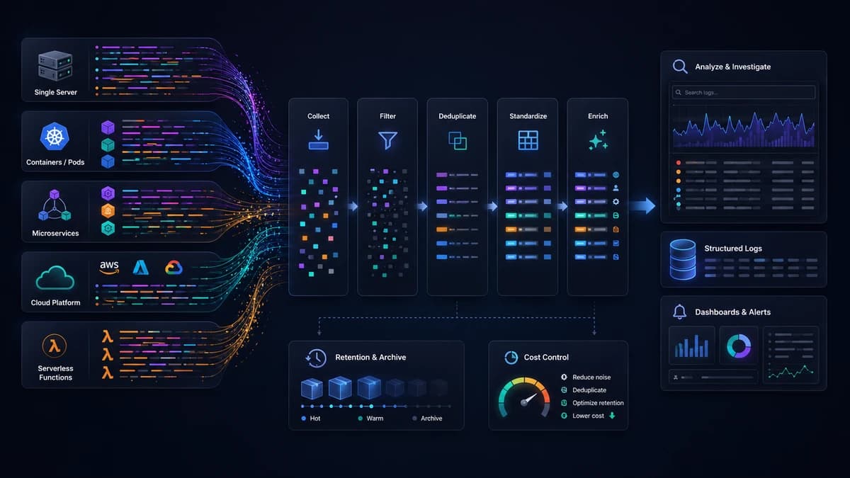Telemetry from containers, Kubernetes, virtual machines, cloud services, and serverless functions is collected, filtered, standardized, and routed to observability tools.