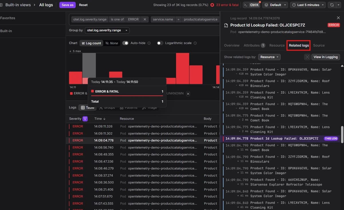 Error investigation view with the selected product lookup failure and chronologically related logs.