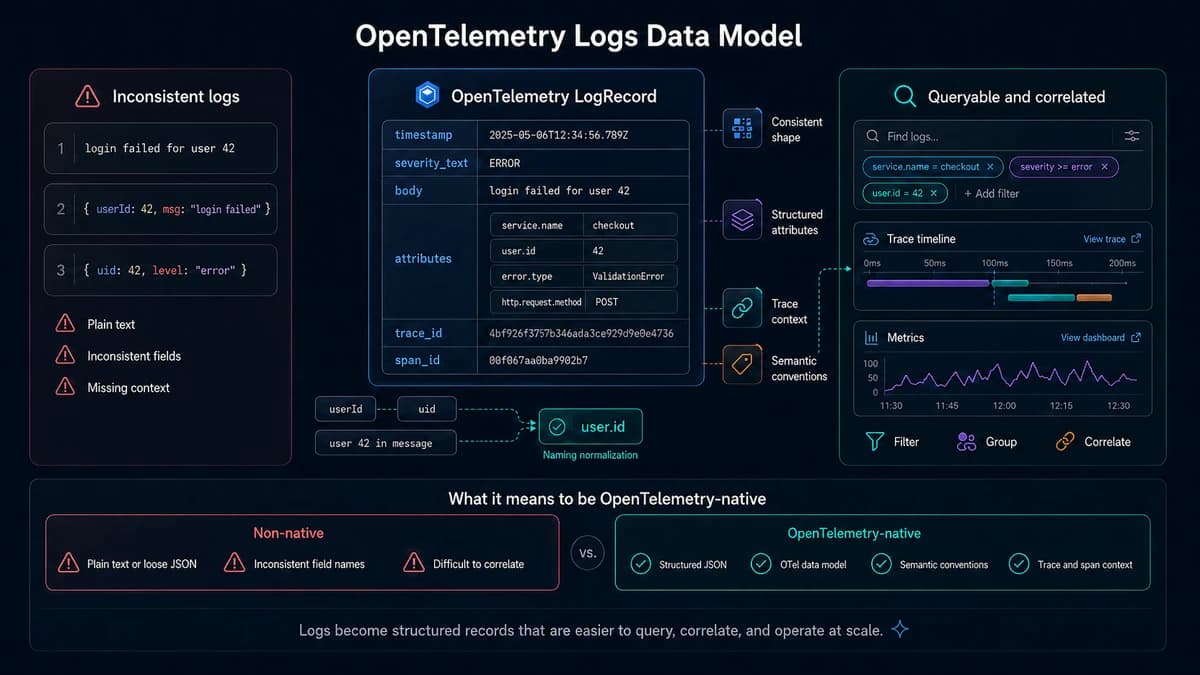 OpenTelemetry LogRecord fields turn inconsistent logs into queryable records correlated with traces, spans, metrics, and filters.