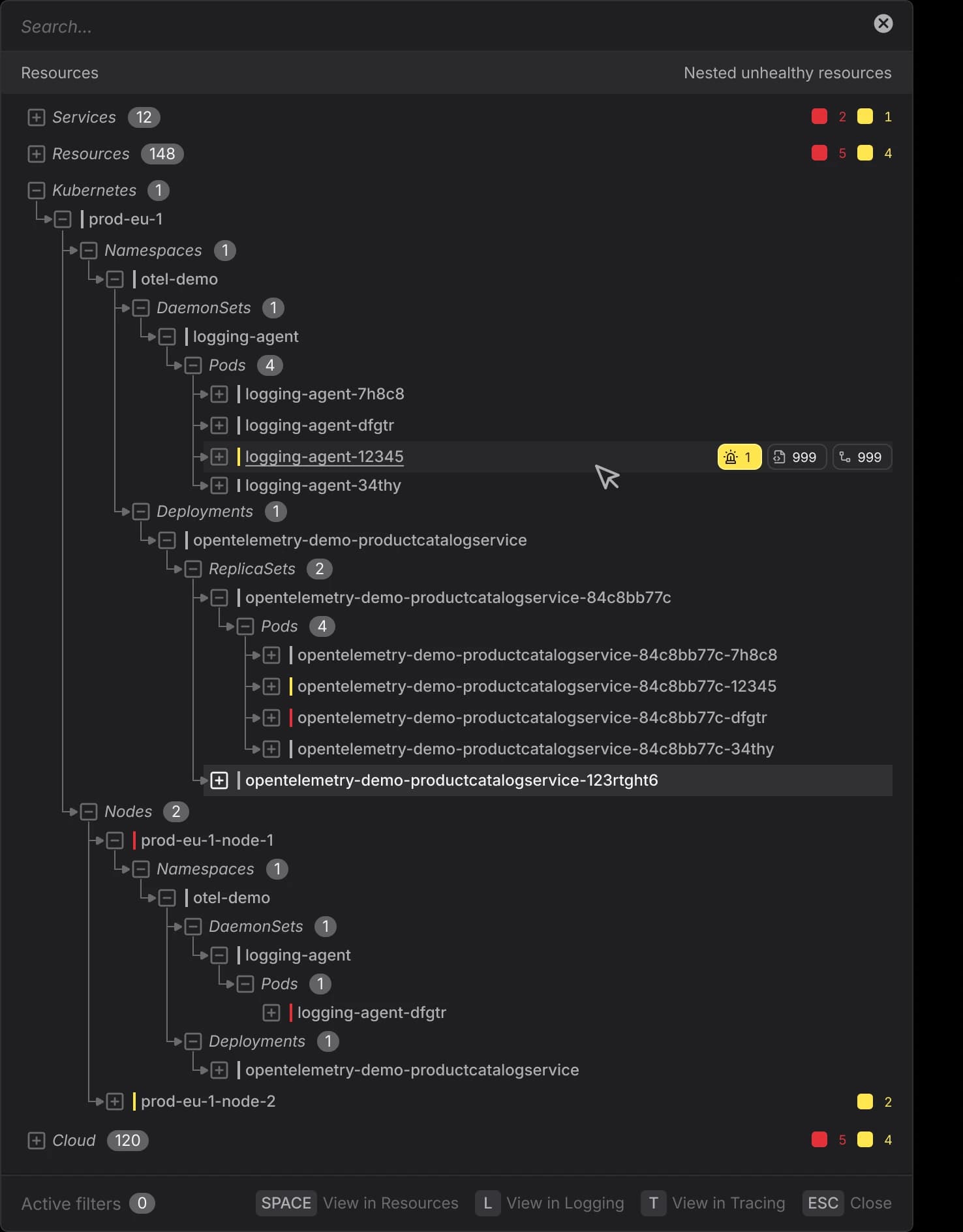 Resource explorer showing health and related metrics on every resource