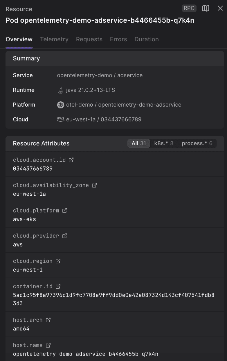 The screenshot above shows a resource in Dash0. Some metadata is translated into infrastructure information based on semantic conventions. You can use all attributes to quickly filter the list of resources or signals.