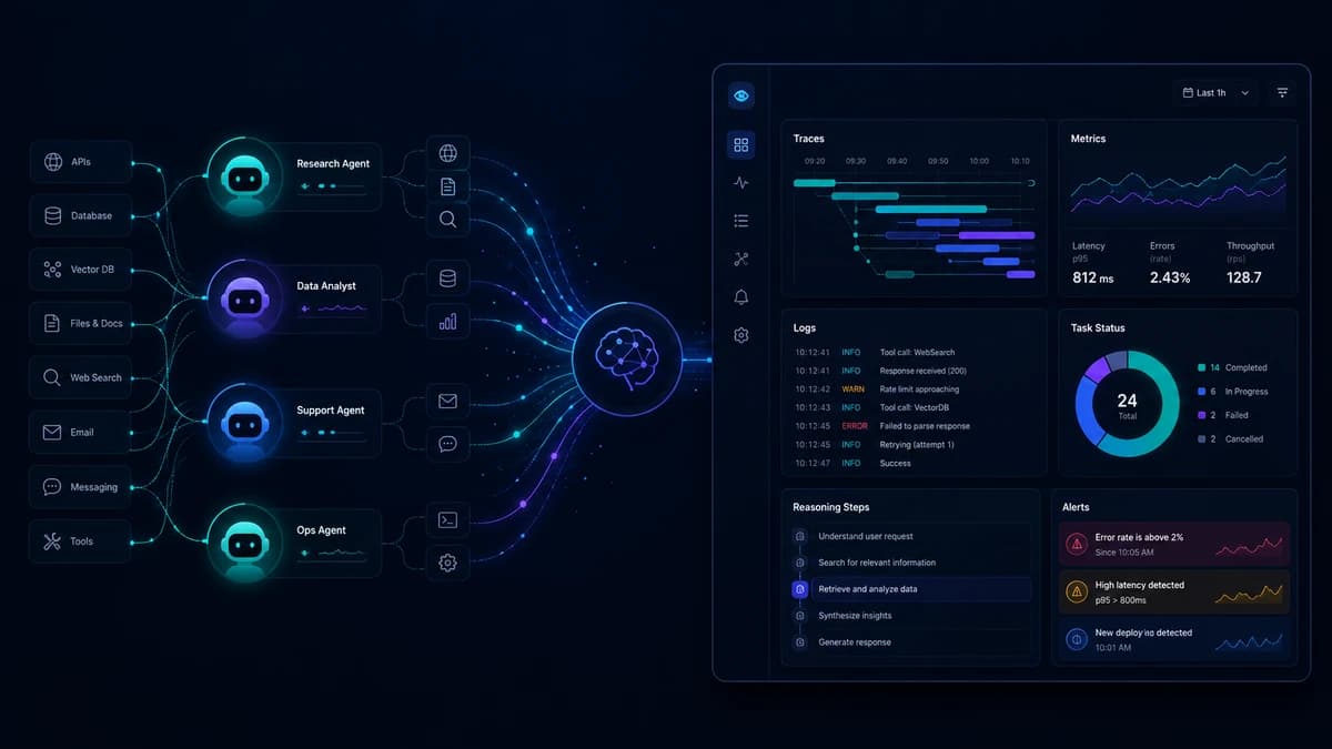 Applications and users send telemetry to a central observability hub connected to dashboards, logs, charts, and alerts.