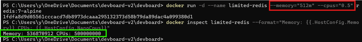 PowerShell output showing a container memory limit error followed by successful status output.