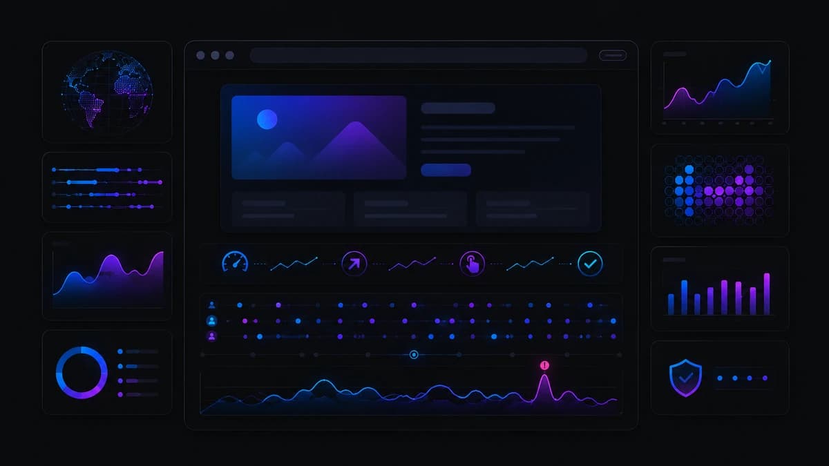 Frontend analytics dashboard with a webpage preview, world map, trend charts, and user experience metrics.