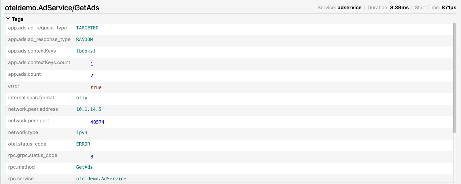 Jaeger Trace View - attributes list.