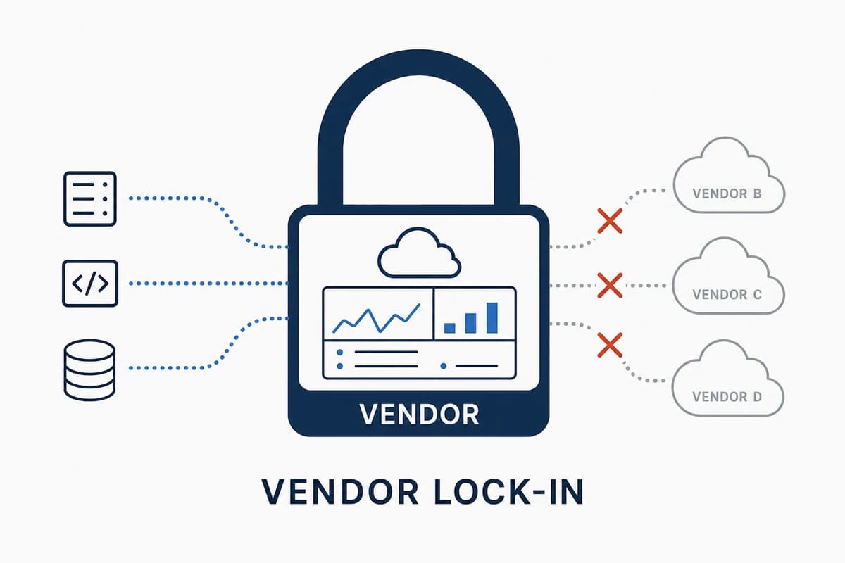 Code, documents, and databases enter a vendor lock-in padlock while connections to alternative vendors are blocked.