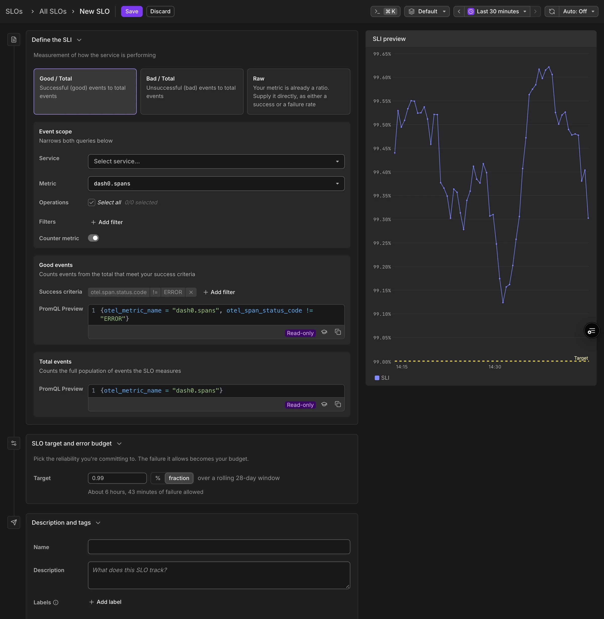 The New SLO form. Define the SLI offers the Good/Total, Bad/Total, and Raw shapes with an event scope and query builders, the SLI preview chart shows the resulting ratio live, and below it follow the SLO target and the description fields.