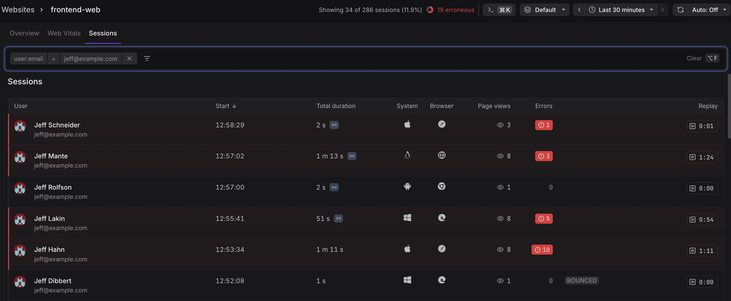 Sessions list filtered by user.email, with the length of each session's replay in the last column