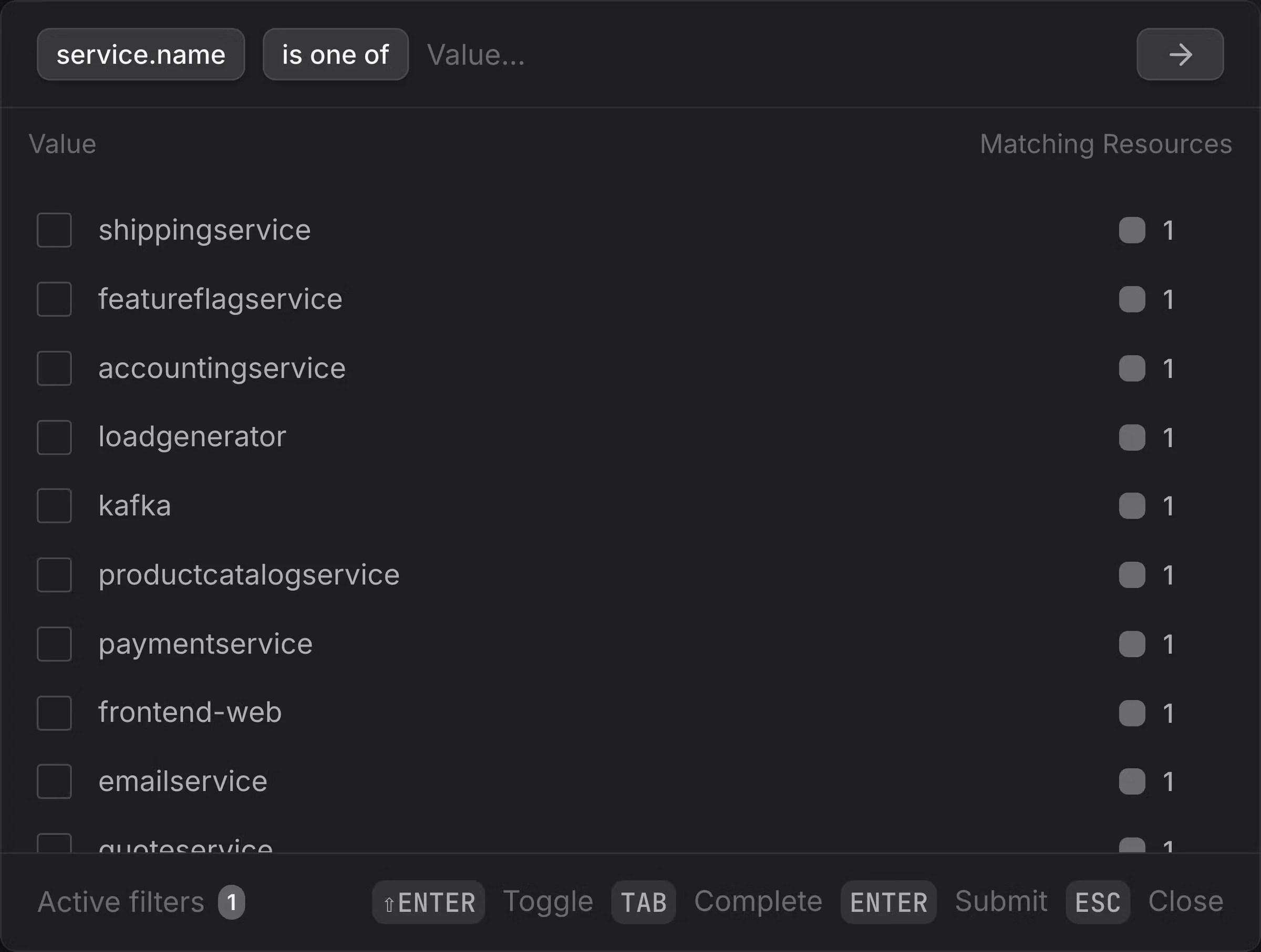 Filter Dialog - Value