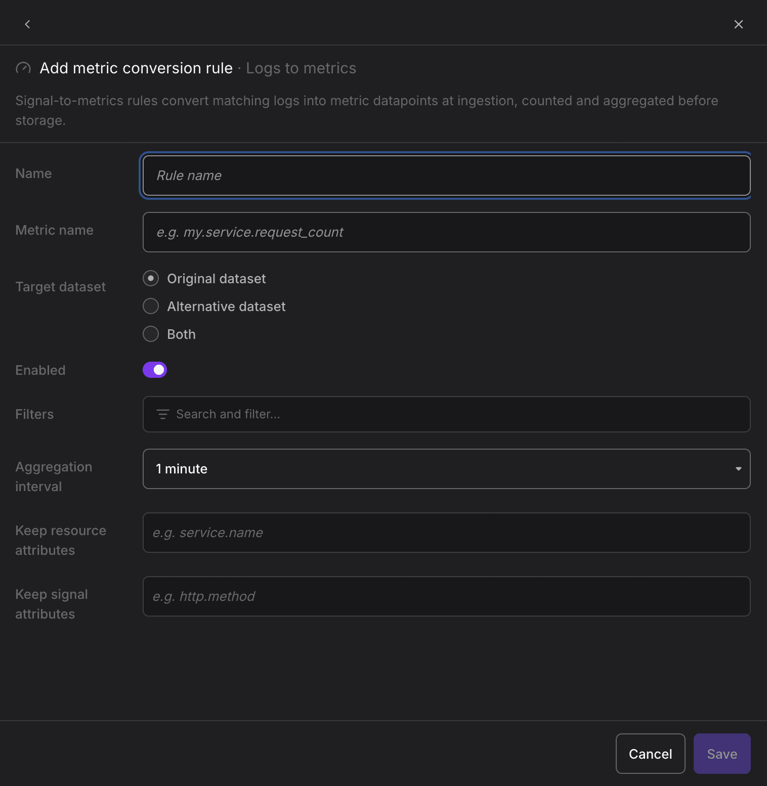 Dash0 Add metric conversion rule form for Logs to metrics showing Name, Metric name, Target dataset, Enabled, Filters, Aggregation interval, Keep resource attributes, and Keep signal attributes fields