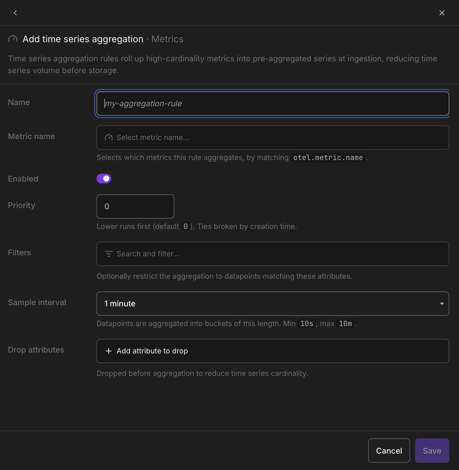 Dash0 Add time series aggregation form for Metrics showing Name, Metric name, Enabled, Priority, Filters, Sample interval, Drop scope attributes, and Drop datapoint attributes fields