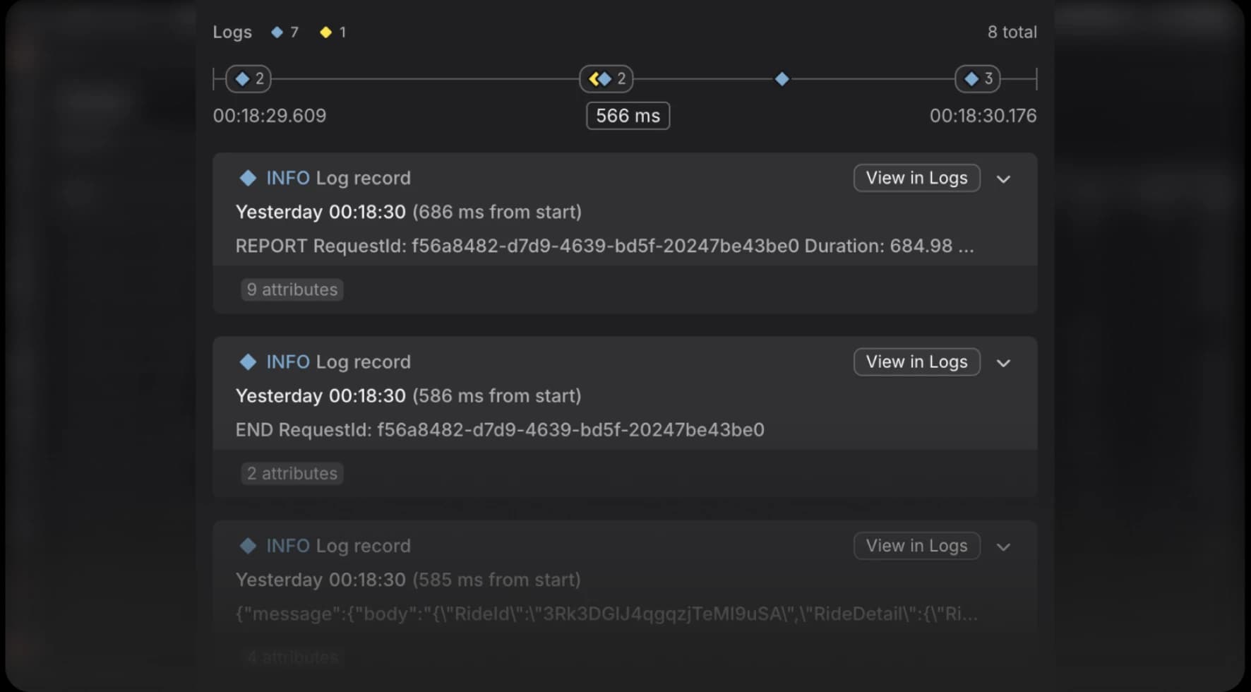 One click from a log line to its trace