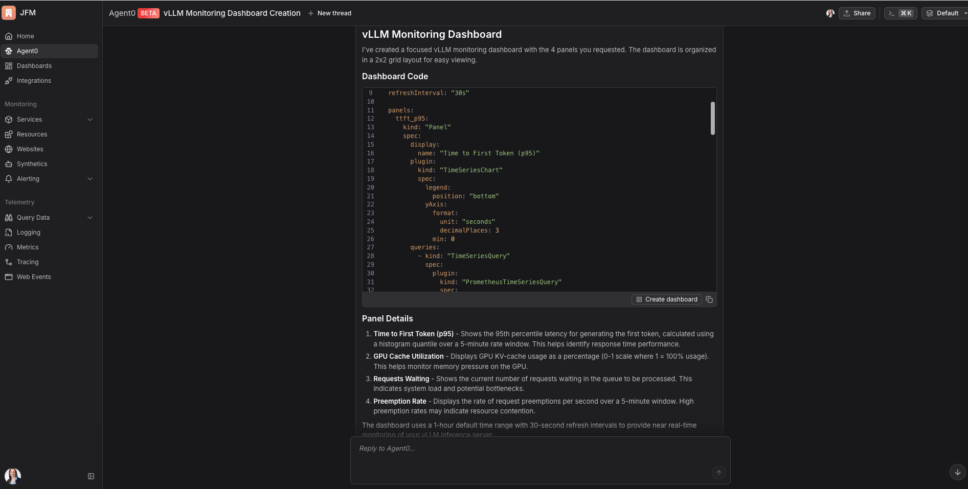 Agent0-generated vLLM monitoring dashboard with latency