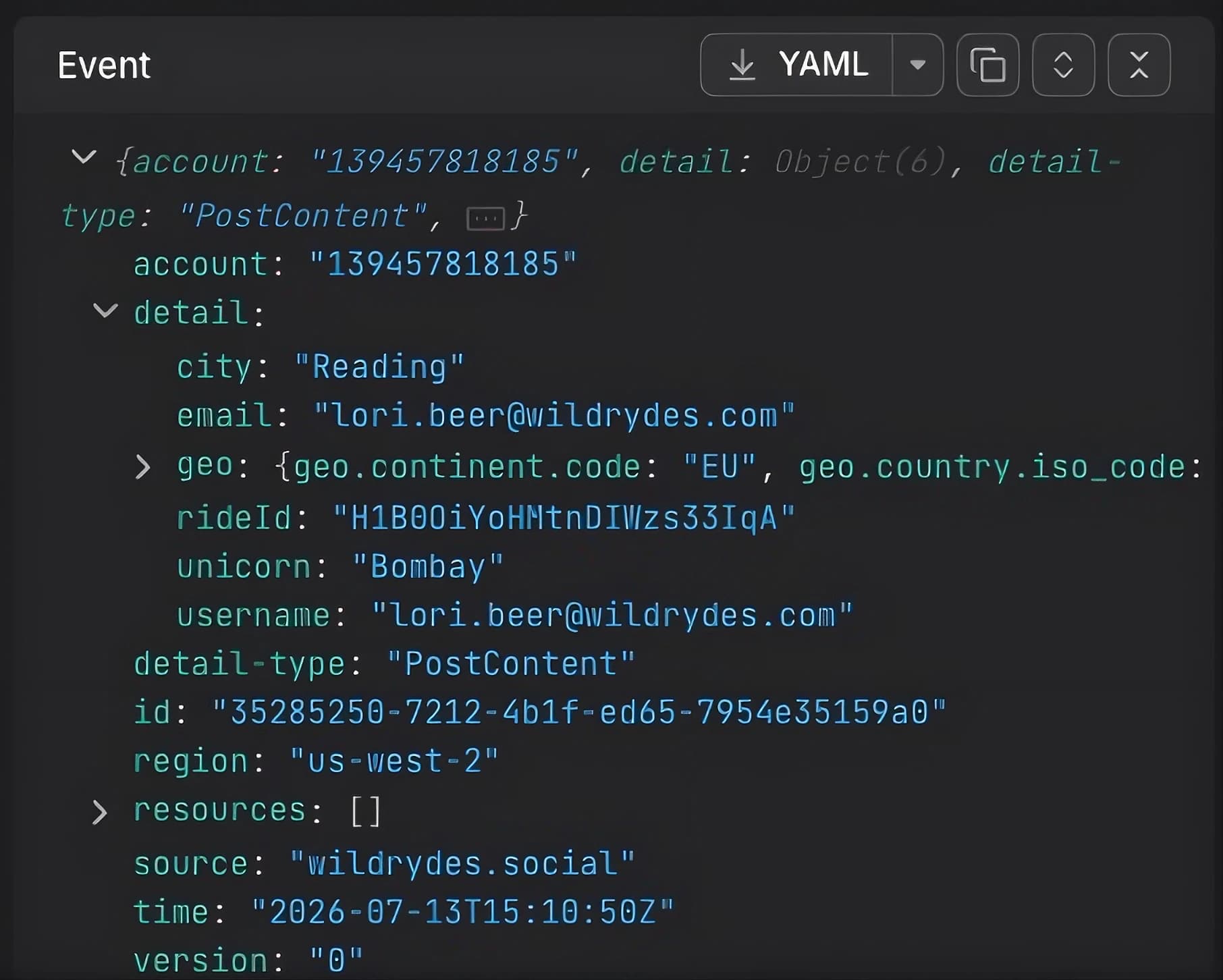 Dash0 trace event detail showing captured Lambda event payload with account, city, email, and rideId fields