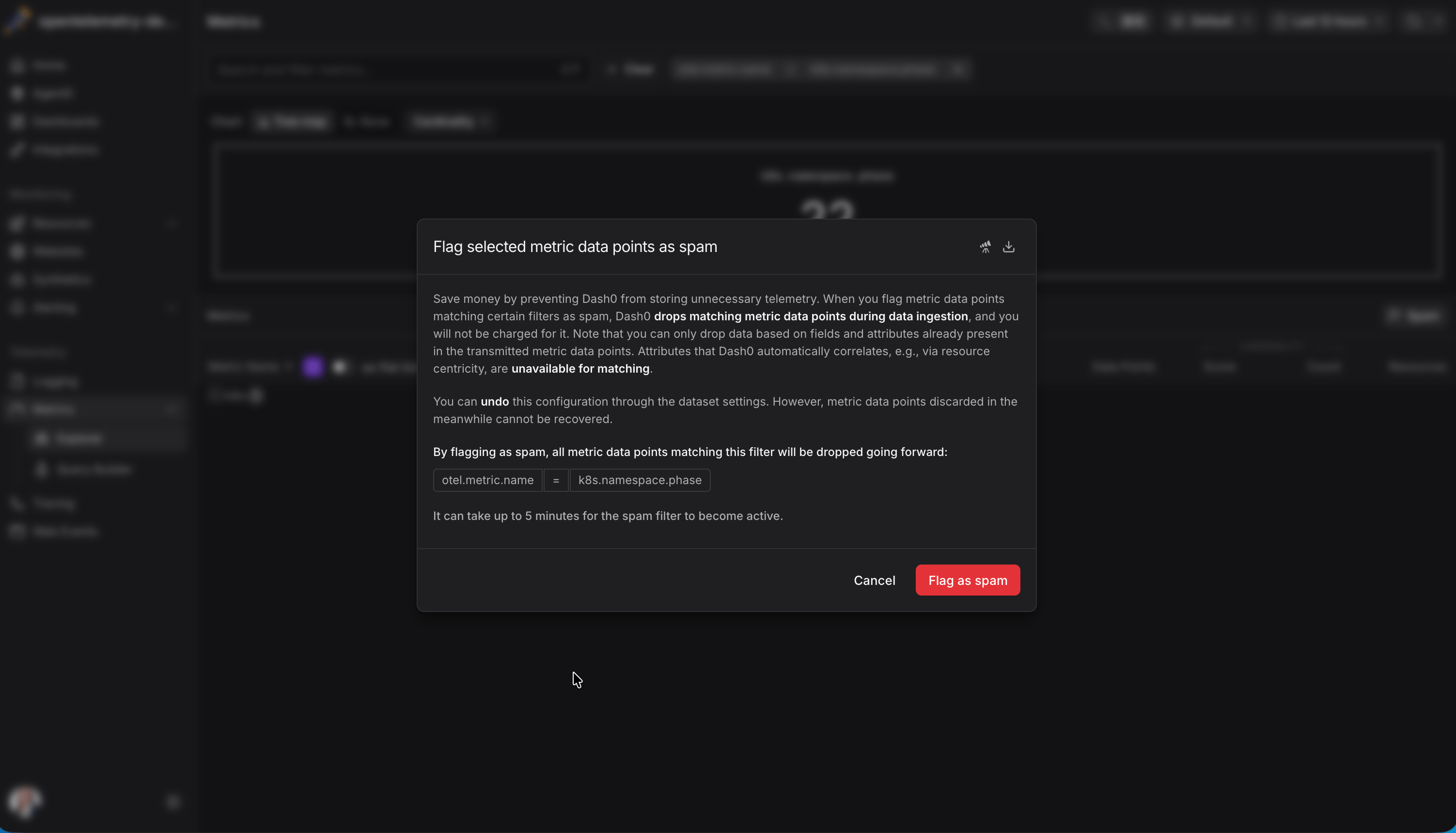 Dash0 dashboard showing the option to flag metrics as spam