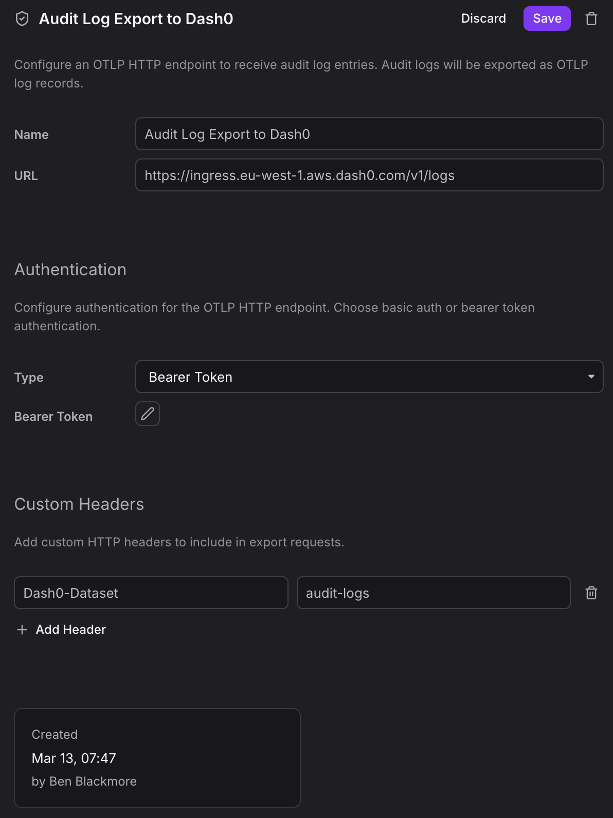 Audit log export configuration dialog. Allowing configuration of an OTLP endpoint, authorization mechanisms and custom headers.