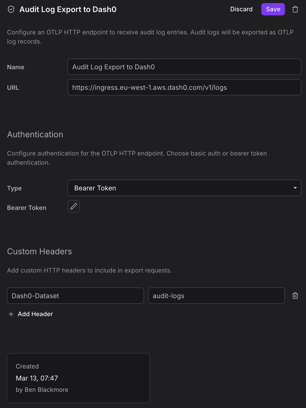Audit log export configuration dialog. Allowing configuration of an OTLP endpoint, authorization mechanisms and custom headers.