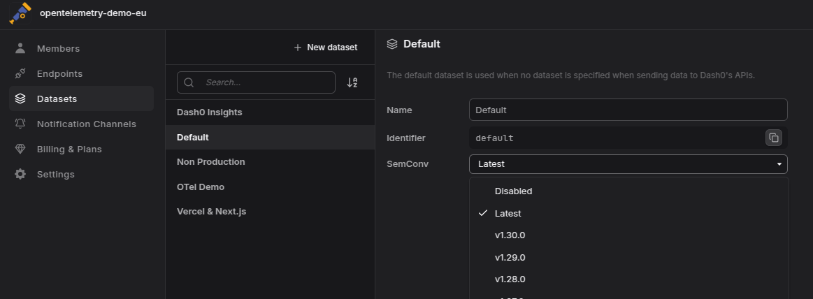 dataset settings with semconv version picker