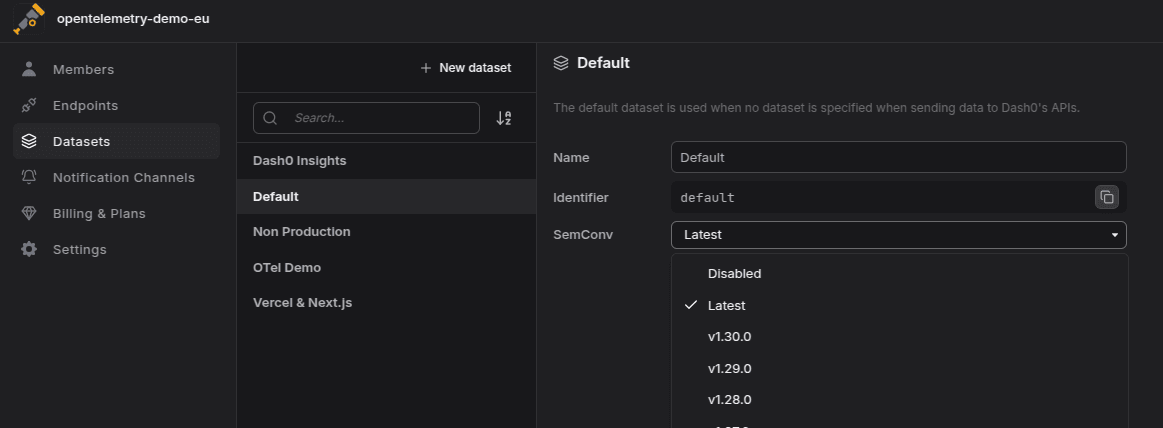 dataset settings with semconv version picker