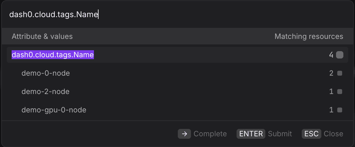 Filter picker listing values of the AWS tag dash0.cloud.tags.Name with the number of matching resources